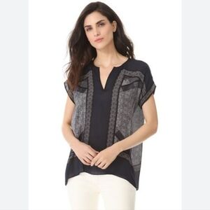 Vince Navy Sheer Panel Tunic with Patterned Side Insets 100% Silk Sizr M
